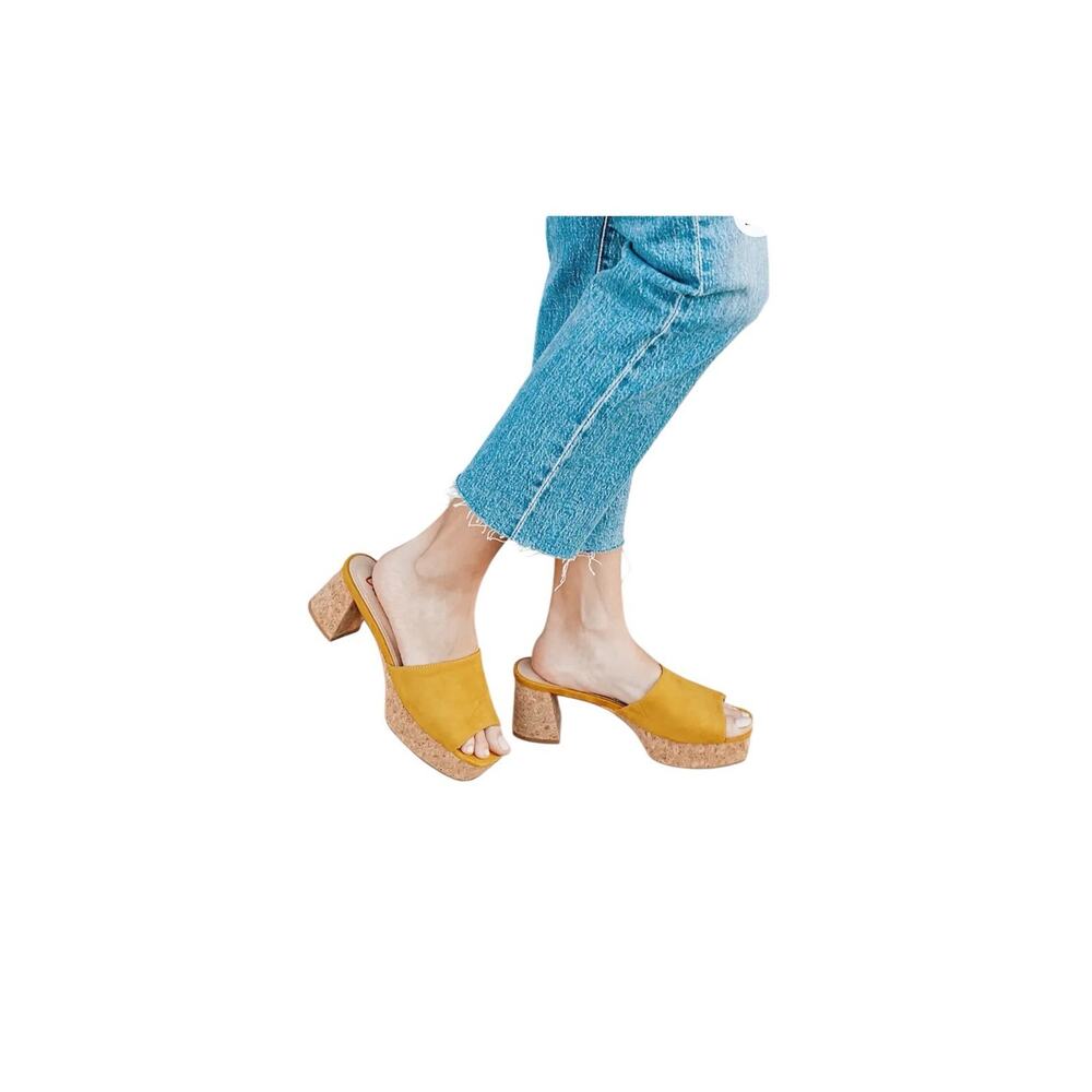 Lulus Sicily Women's 11 Yellow Platform Clog Sandals Retro Faux Suede Cork Mule